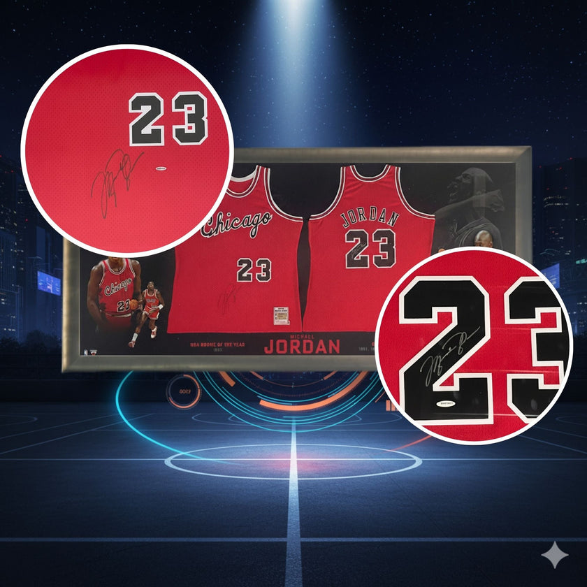 MICHAEL JORDAN EPIC CHICAGO BULLS FRAMED ROOKIE & FINAL SEASON JERSEYS – OVERSIZED 97X45 INCH UDA AUTHENTICATED UPPER DECK NBA COLLECTIBLE WALL ART – DUAL SIGNED TRIBUTE