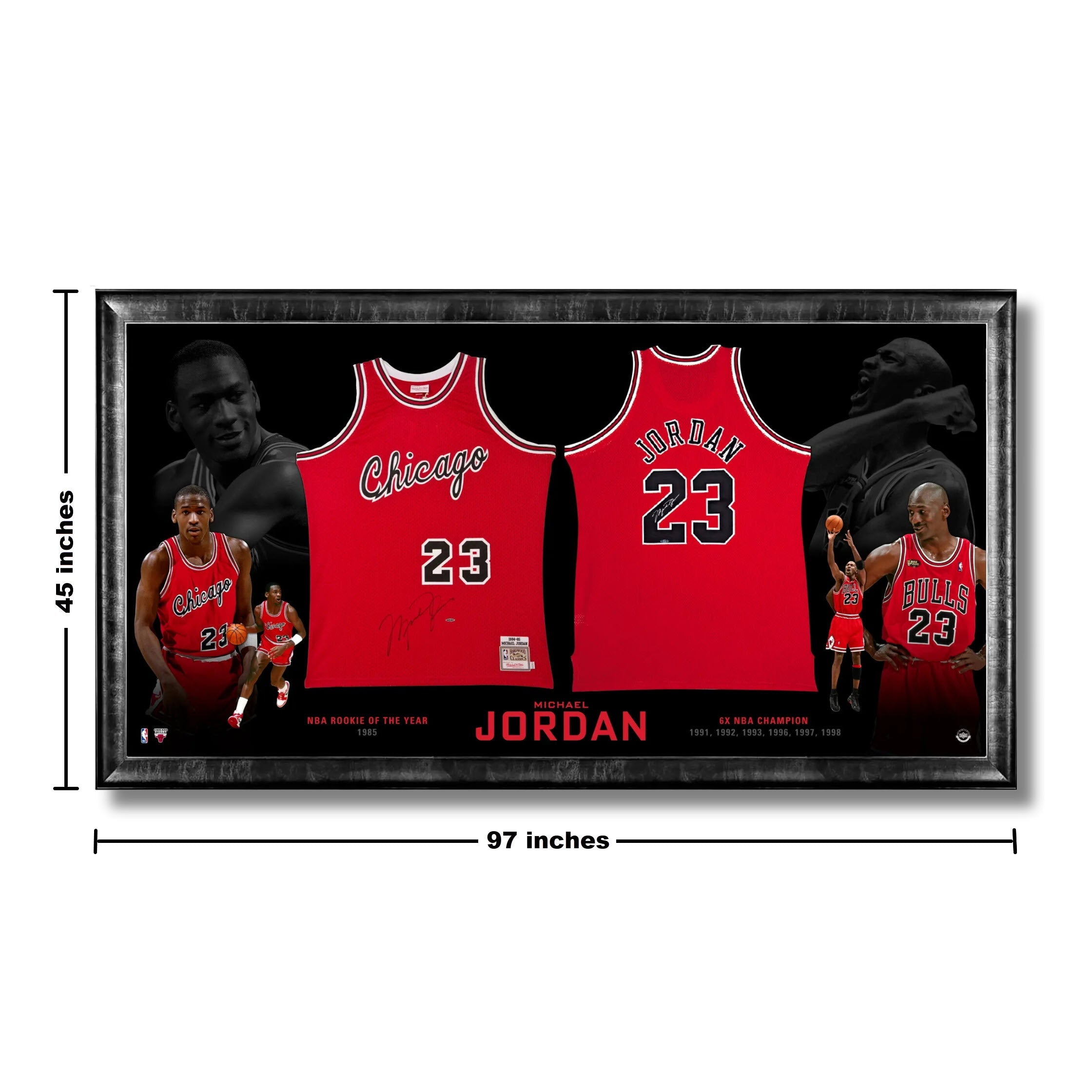 MICHAEL JORDAN EPIC CHICAGO BULLS FRAMED ROOKIE & FINAL SEASON JERSEYS – OVERSIZED 97X45 INCH UDA AUTHENTICATED UPPER DECK NBA COLLECTIBLE WALL ART – DUAL SIGNED TRIBUTE