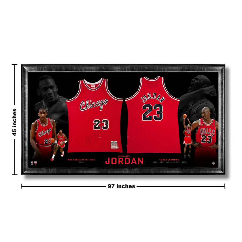 MICHAEL JORDAN EPIC CHICAGO BULLS FRAMED ROOKIE & FINAL SEASON JERSEYS – OVERSIZED 97X45 INCH UDA AUTHENTICATED UPPER DECK NBA COLLECTIBLE WALL ART – DUAL SIGNED TRIBUTE