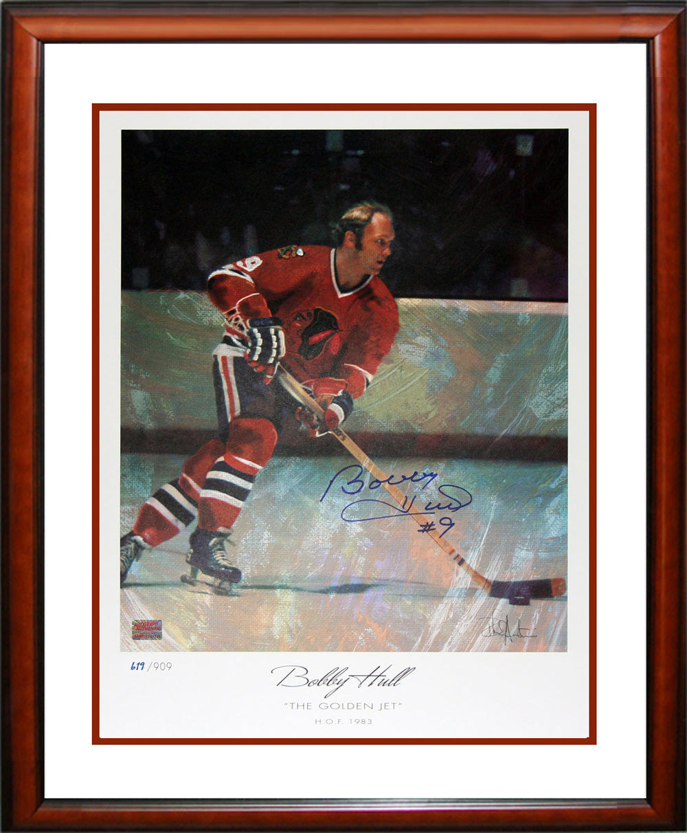 BOBBY HULL SIGNED LITHOGRAPH – THE GOLDEN JET – FRAMED LTD EDITION /909 – CHICAGO BLACKHAWKS ART (27