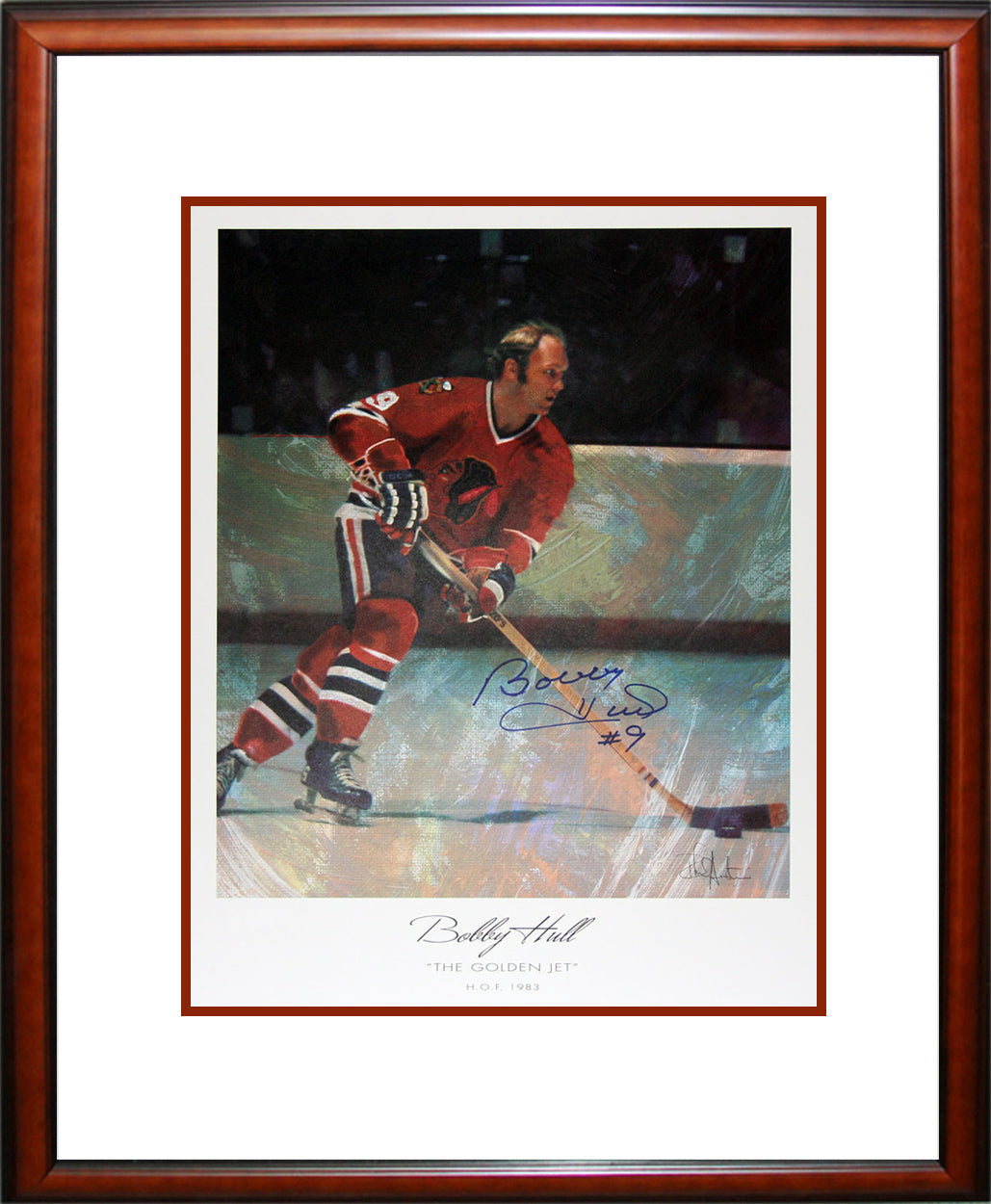 BOBBY HULL AUTOGRAPHED LITHOGRAPH – THE GOLDEN JET – FRAMED CHICAGO COLLECTIBLE (22