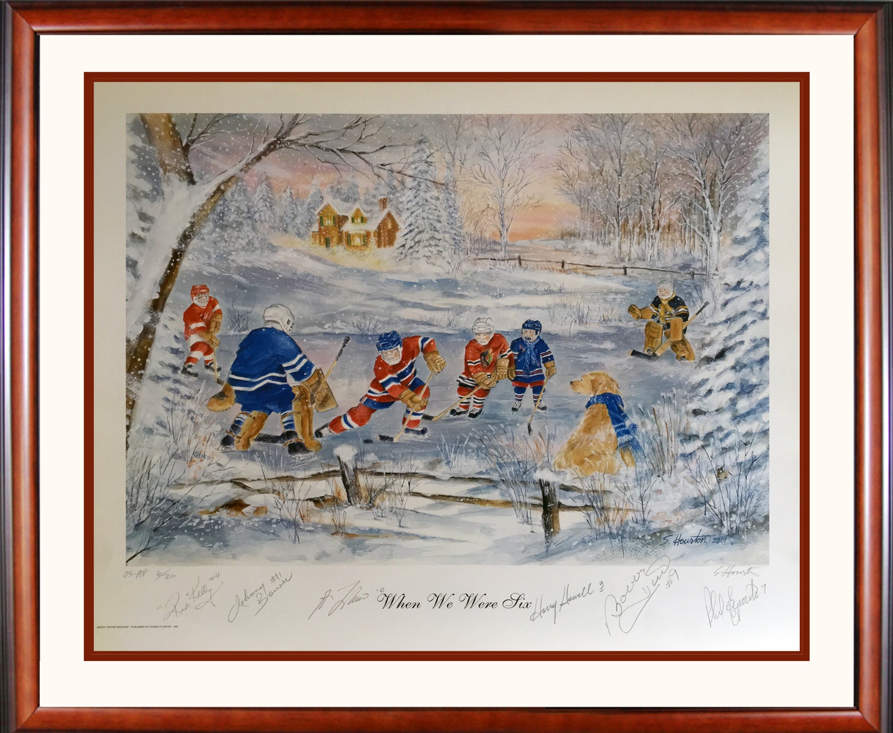 FRAMED WHEN WE WERE SIX LITHOGRAPH – SIGNED BY KELLY, HOWELL, BOWER, HULL, LAFLEUR, ESPOSITO – LTD ED /20 (30