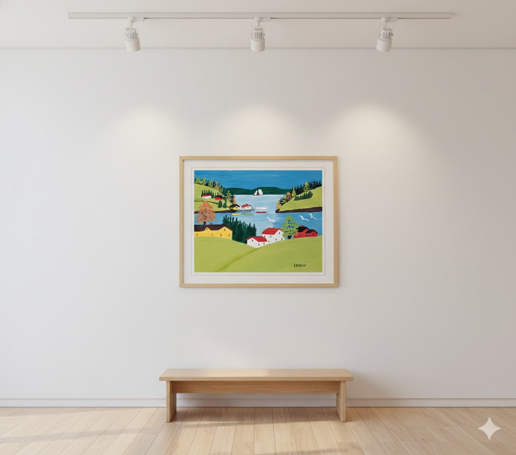 FRAMED ART PRINT BY MAUD LEWIS DIGBY HARBOUR FOLK ART PAINTING FLAT STYLE MARITIME WALL DECOR 24 X 28 INCHES