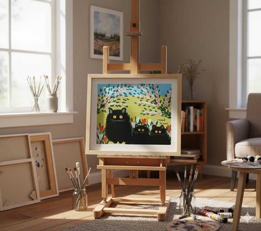 FRAMED ART PRINT BY MAUD LEWIS THREE BLACK CATS FOLK ART PAINTING FLAT STYLE WALL DECOR 24 X 28 INCHES