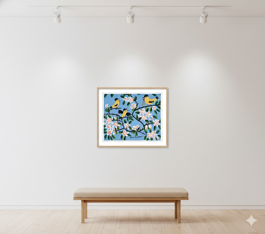 FRAMED ART PRINT BY MAUD LEWIS YELLOW BIRDS FOLK ART PAINTING FLAT STYLE WALL DECOR 24 X 28 INCHES