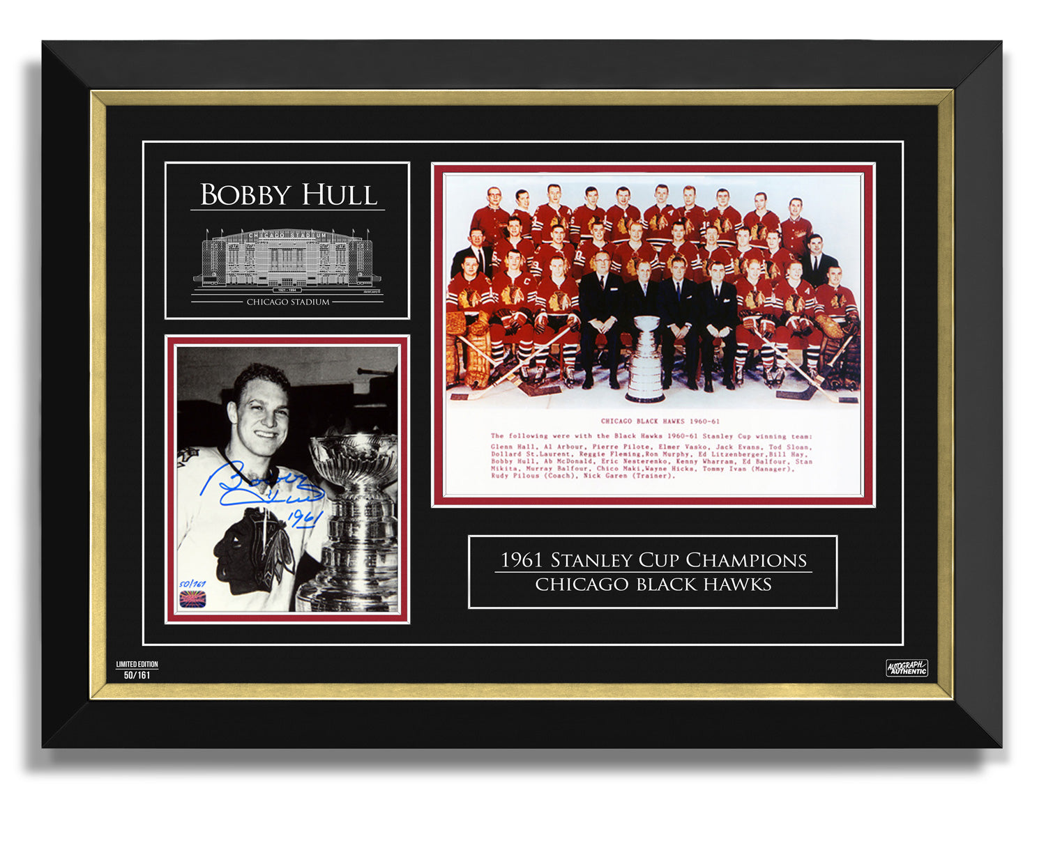 BOBBY HULL AUTOGRAPHED 1961 STANLEY CUP DOUBLE PHOTO – CHICAGO BLACKHAWKS LIMITED EDITION OF 161 – NHL LEGENDS FRAMED COLLECTIBLE (27