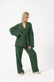 French Loose Kimono Jacket Trousers Double Gauze Ladies  Loungewear Outfit set