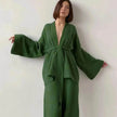 French Loose Kimono Jacket Trousers Double Gauze Ladies  Loungewear Outfit set