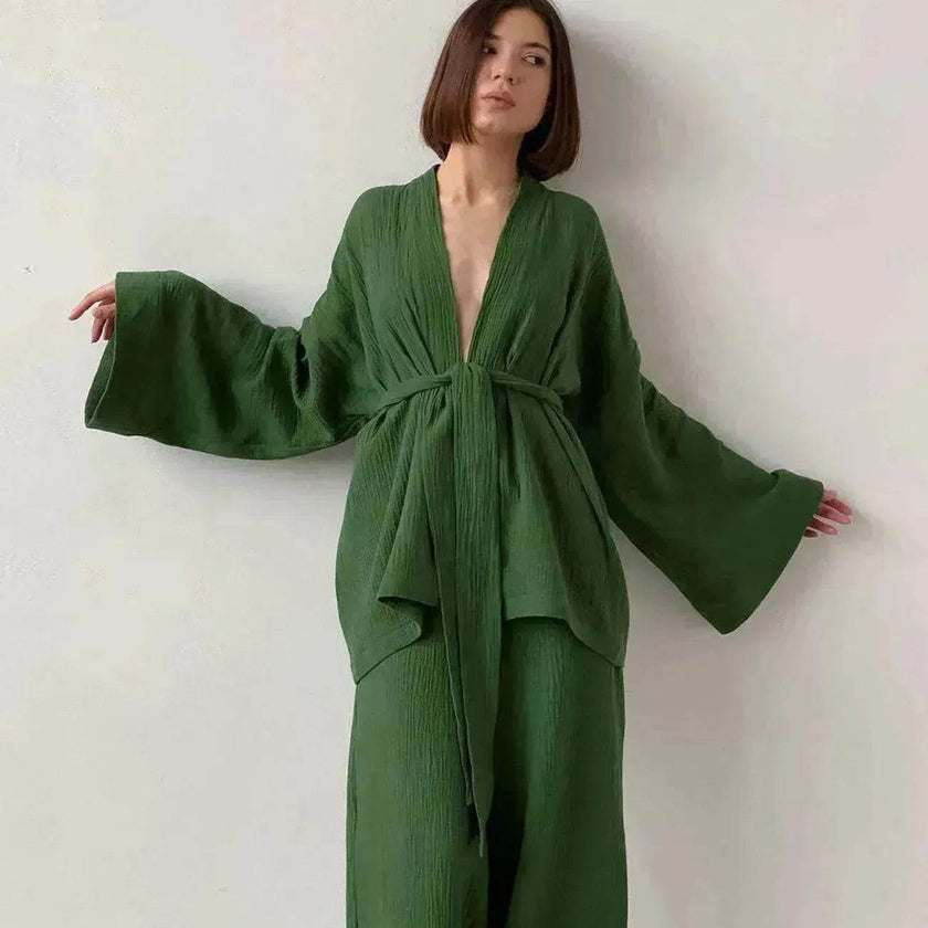 French Loose Kimono Jacket Trousers Double Gauze Ladies  Loungewear Outfit set