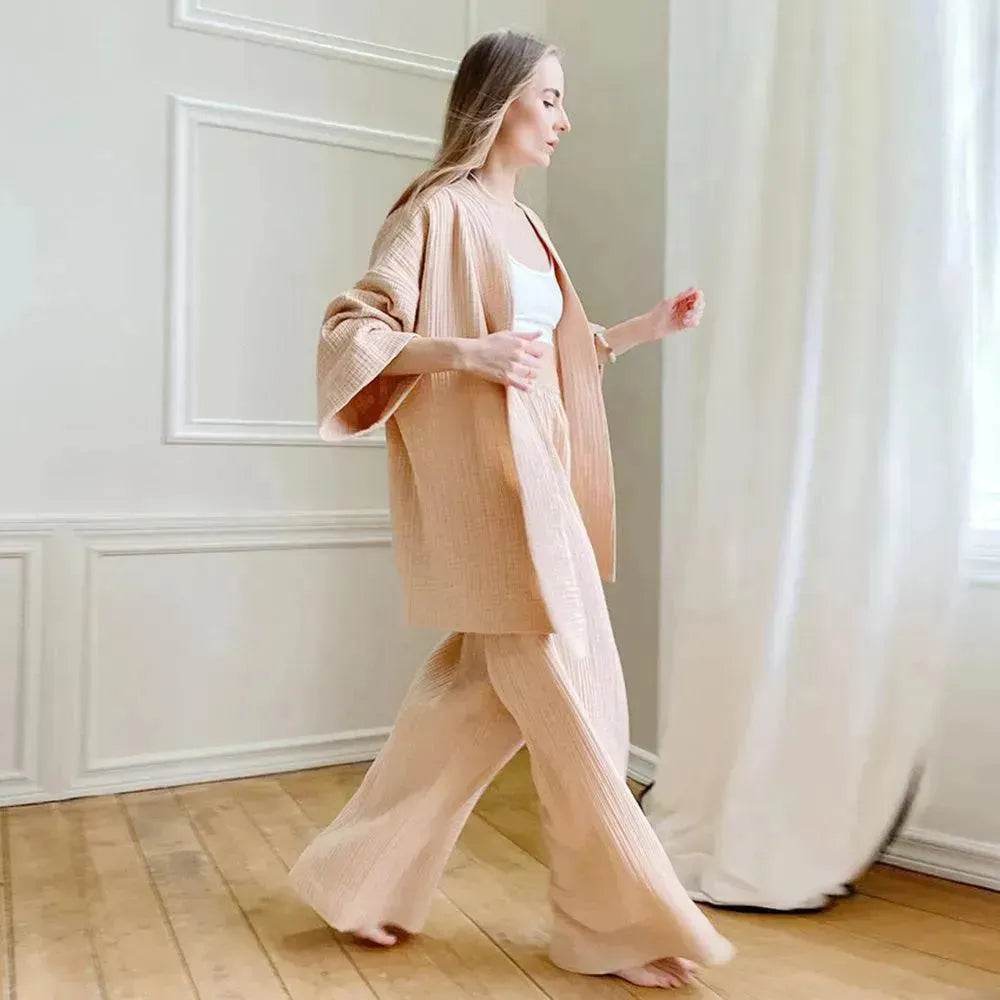 French Loose Kimono Jacket Trousers Double Gauze Ladies  Loungewear Outfit set