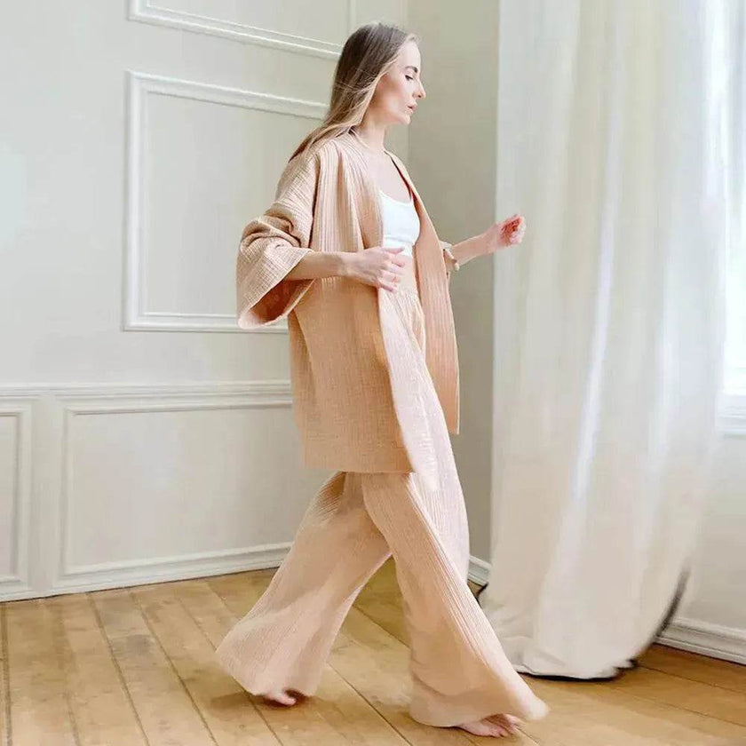 French Loose Kimono Jacket Trousers Double Gauze Ladies  Loungewear Outfit set