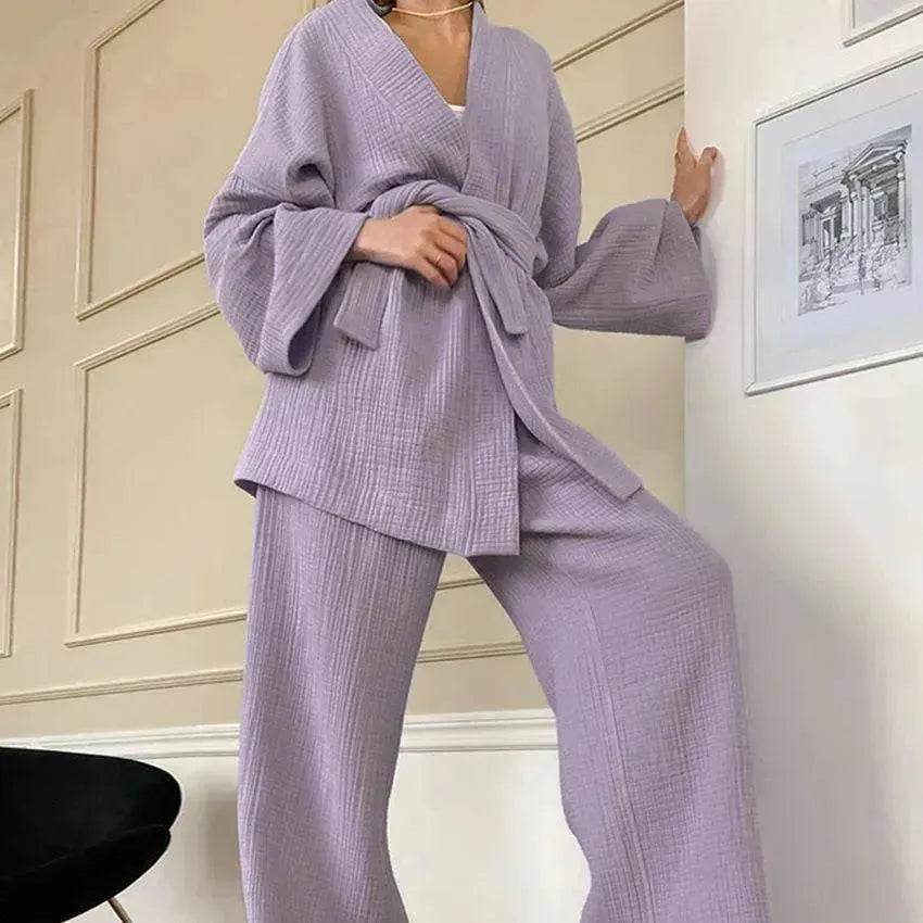 French Loose Kimono Jacket Trousers Double Gauze Ladies  Loungewear Outfit set