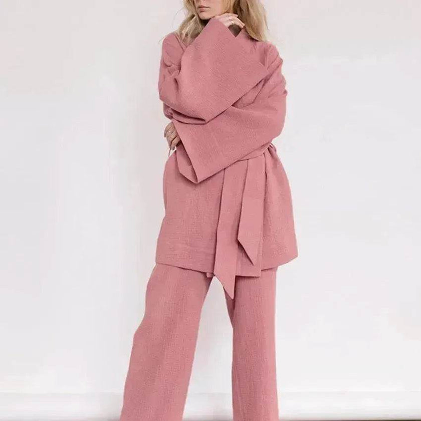 French Loose Kimono Jacket Trousers Double Gauze Ladies  Loungewear Outfit set