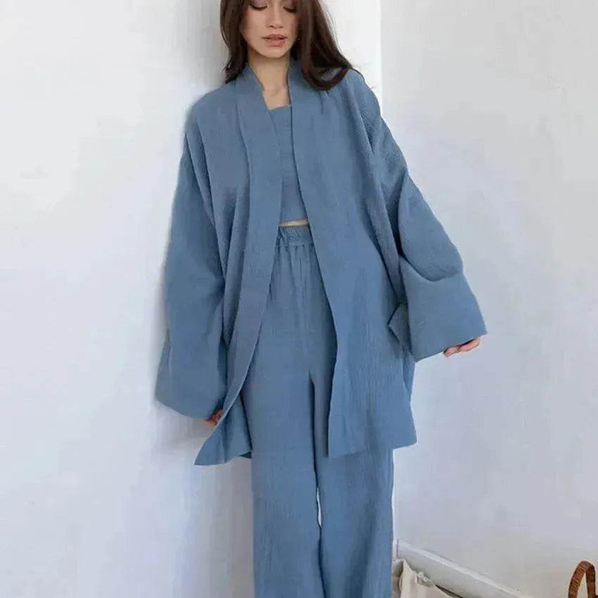 French Loose Kimono Jacket Trousers Double Gauze Ladies  Loungewear Outfit set