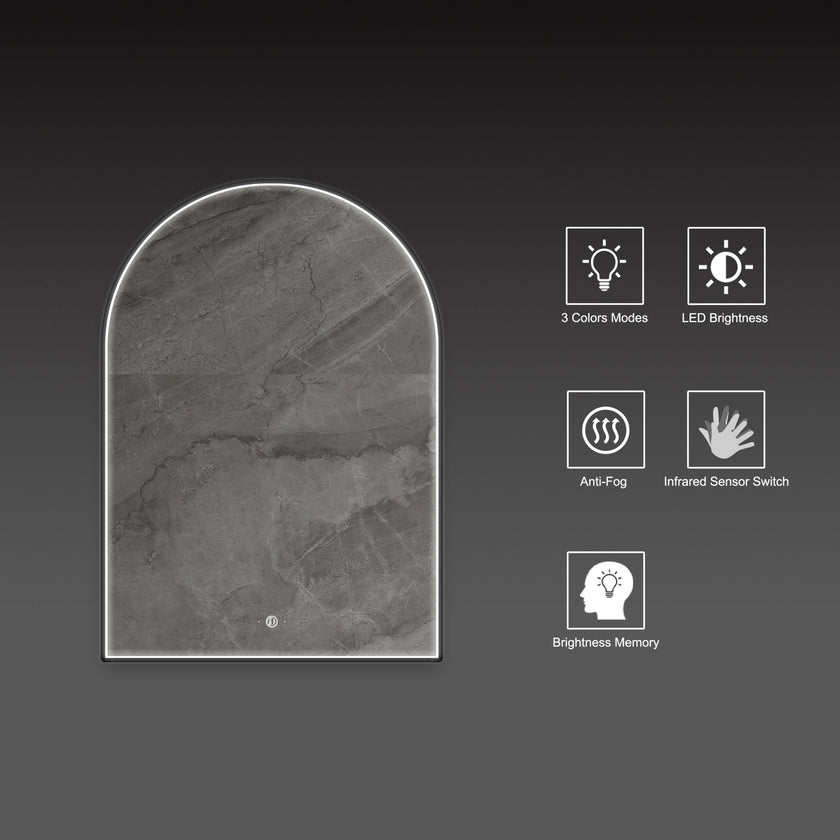 Front-lit Black Frame Arched LED Mirror with Motion Sensor, Anti-Fog