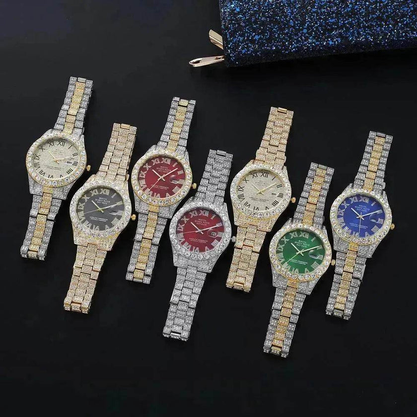 Full Diamond Surface Roman Scale Steel Watch Unisex Wrist Watch