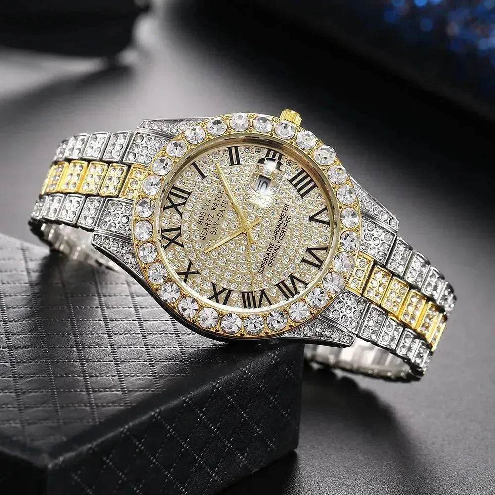 Full Diamond Surface Roman Scale Steel Watch Unisex Wrist Watch