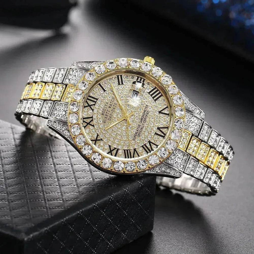 Full Diamond Surface Roman Scale Steel Watch Unisex Wrist Watch