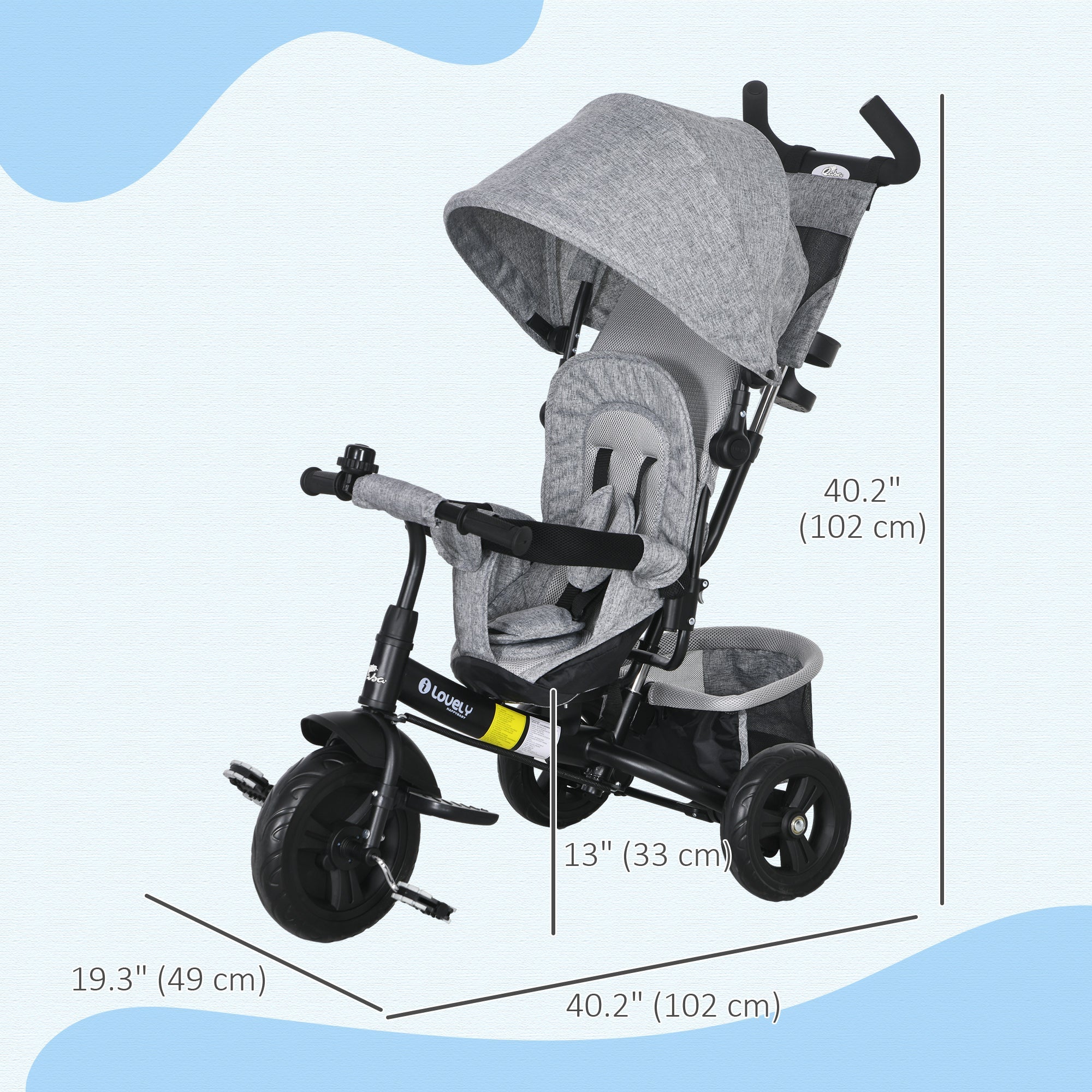 Qaba Convertible 4-in-1 Toddler Tricycle with Parent Handle for Kids 1-5 Years Outdoor Play Grey