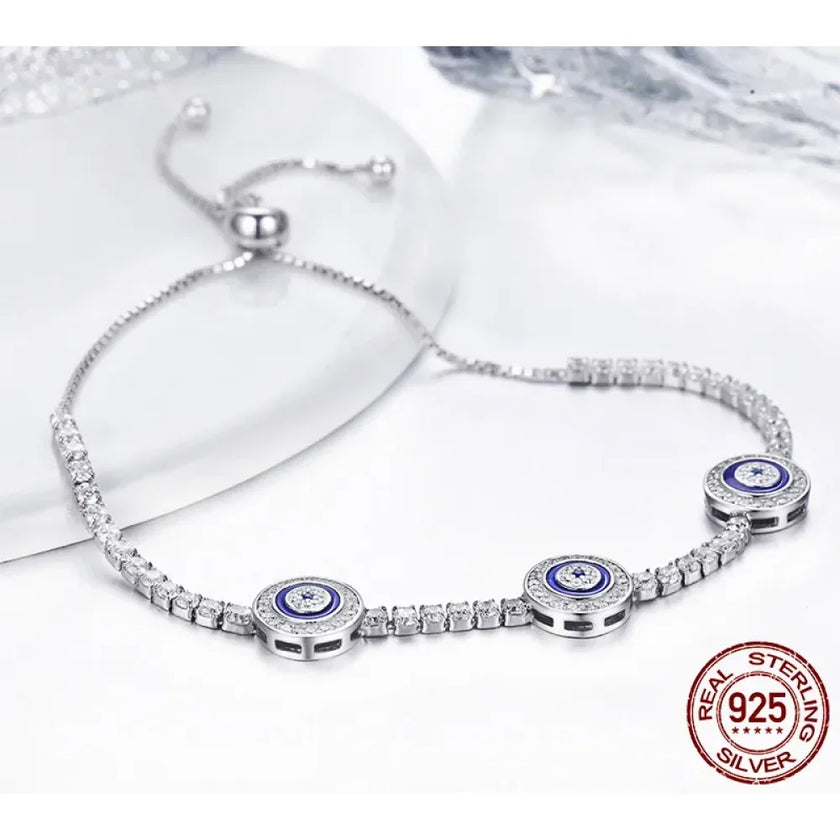 Genuine 925 Sterling Silver Evil Eye Tennis Bracelet w/ Blue CZ | Adjustable