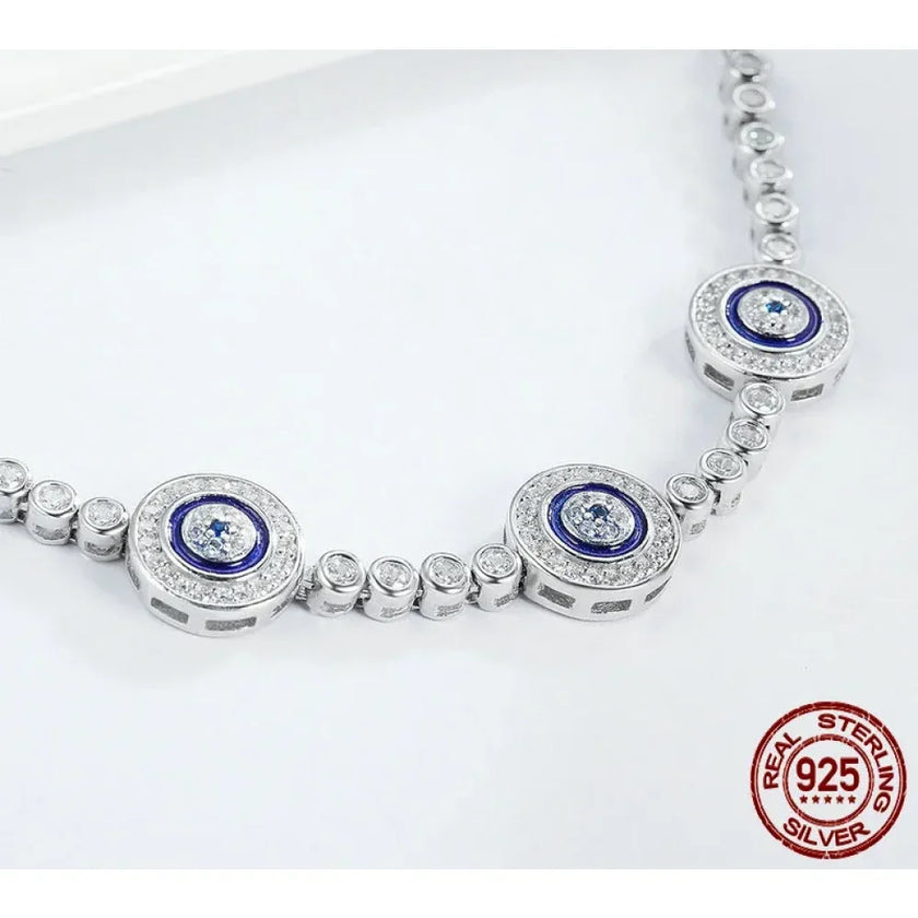 Genuine 925 Sterling Silver Evil Eye Tennis Bracelet w/ Blue CZ | Adjustable