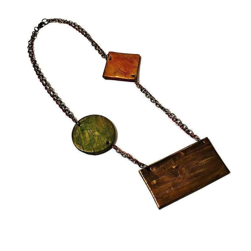 Geometric Bib Necklace with Double Layered Bronze & Copper Chain