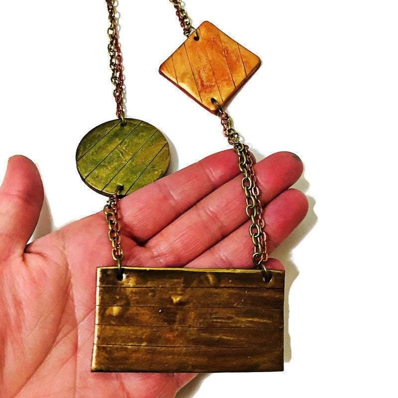 Geometric Bib Necklace with Double Layered Bronze & Copper Chain