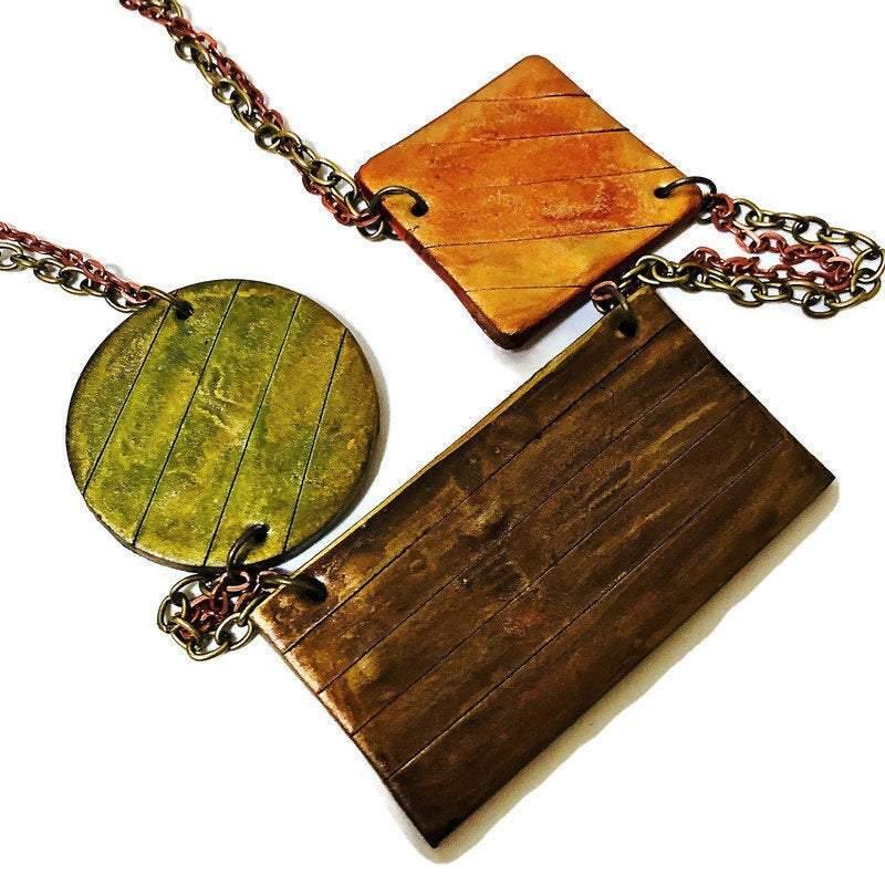Geometric Bib Necklace with Double Layered Bronze & Copper Chain