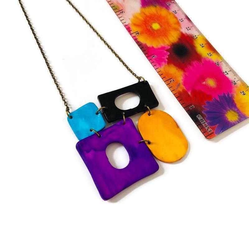 Color Block Statement Pendant Necklace, Four-Piece Design, Handmade Polymer Clay