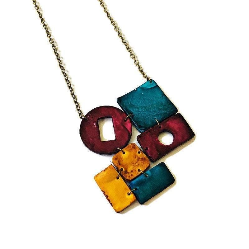 Geometric Statement Jewelry Set in Maroon, Mustard & Denim Blue