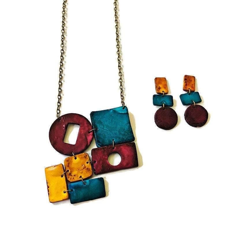Geometric Statement Jewelry Set in Maroon, Mustard & Denim Blue