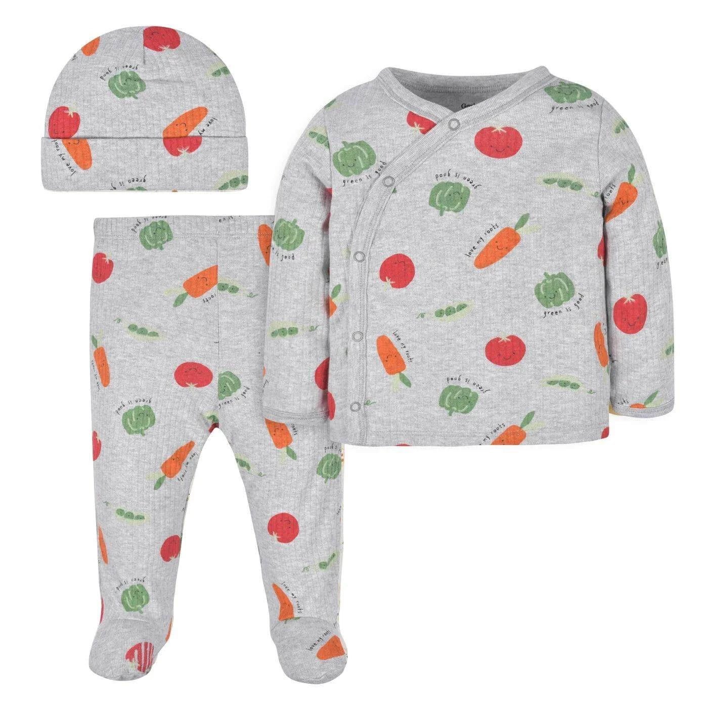 Gerber 3-Piece Baby Unisex Take Me Home Set Shirt, Pant and Cap -Vegetables- Newborn/0-3/3-6