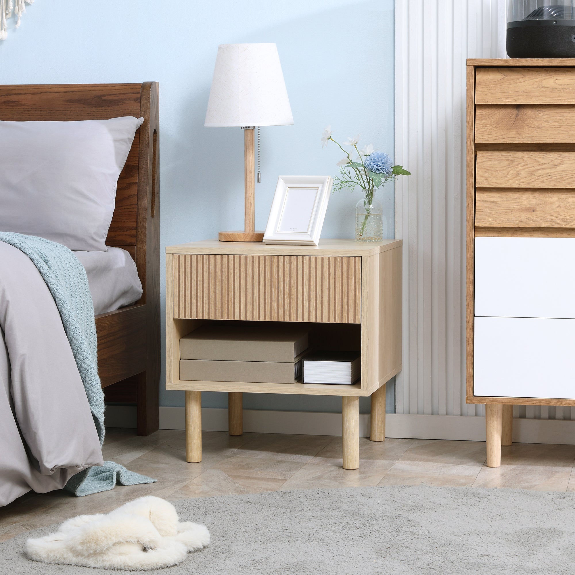 Laura Modern Bedside Table with Drawer and Open Shelf-Natural Wood