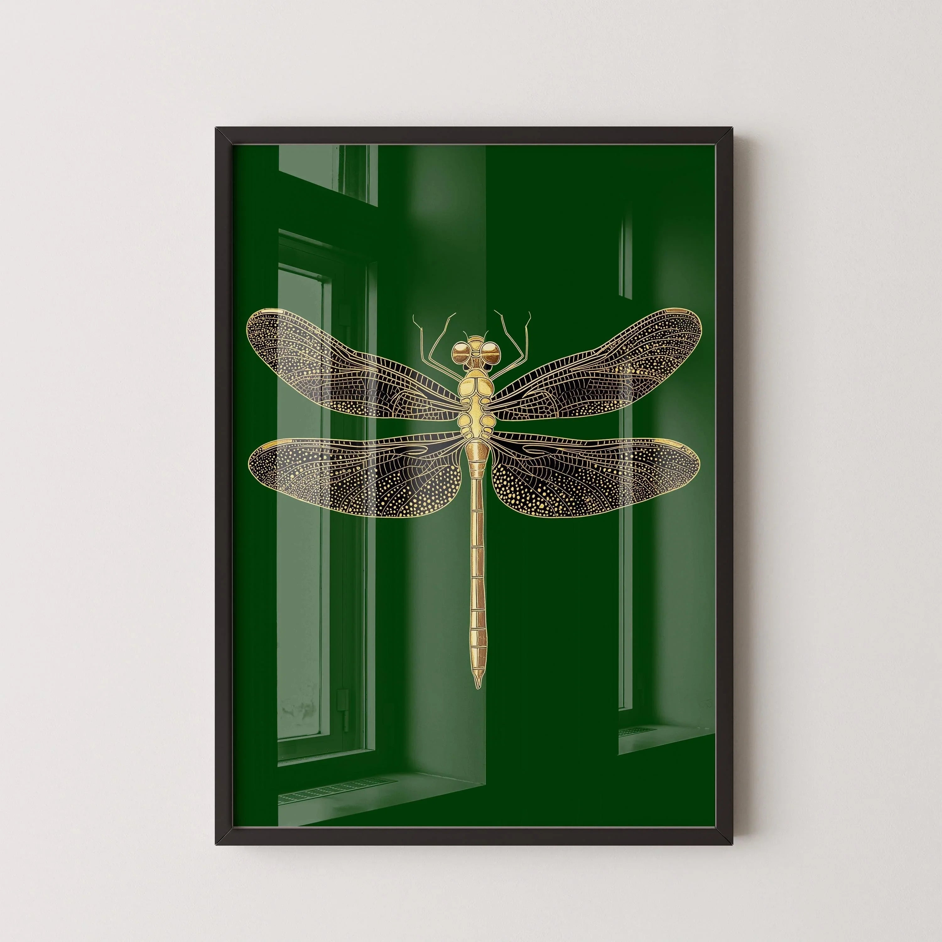 Gold Dragonfly Art Print: Emerald Green Dark Academia Style