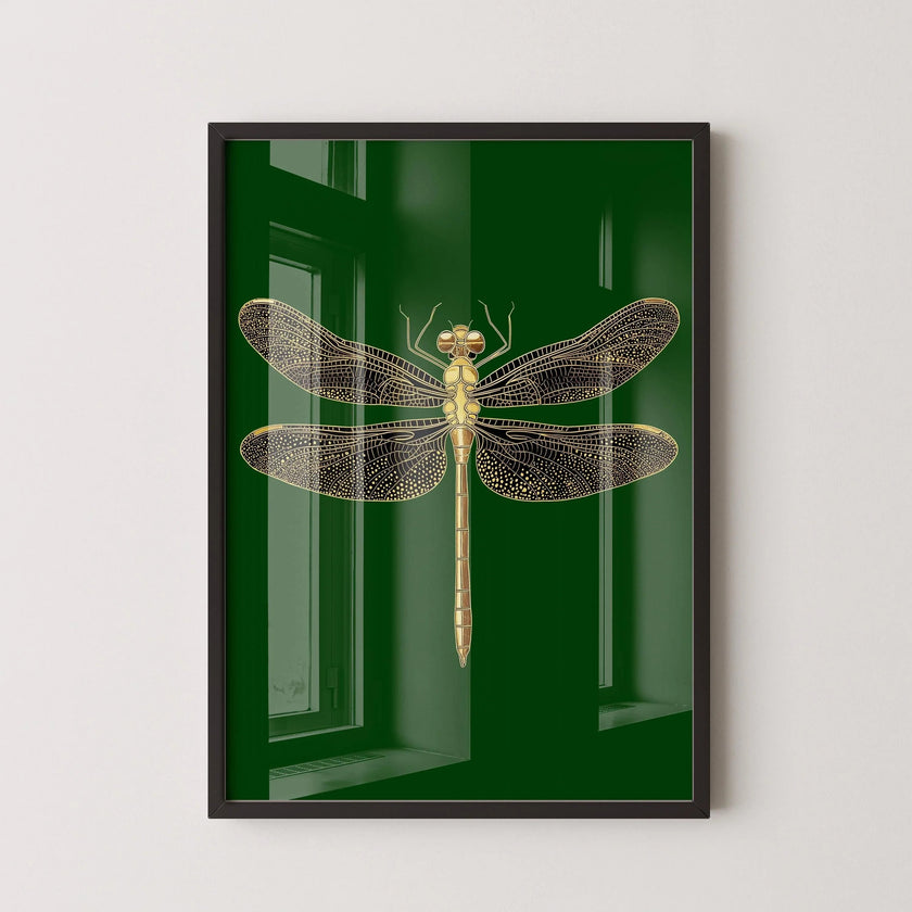Gold Dragonfly Art Print: Emerald Green Dark Academia Style