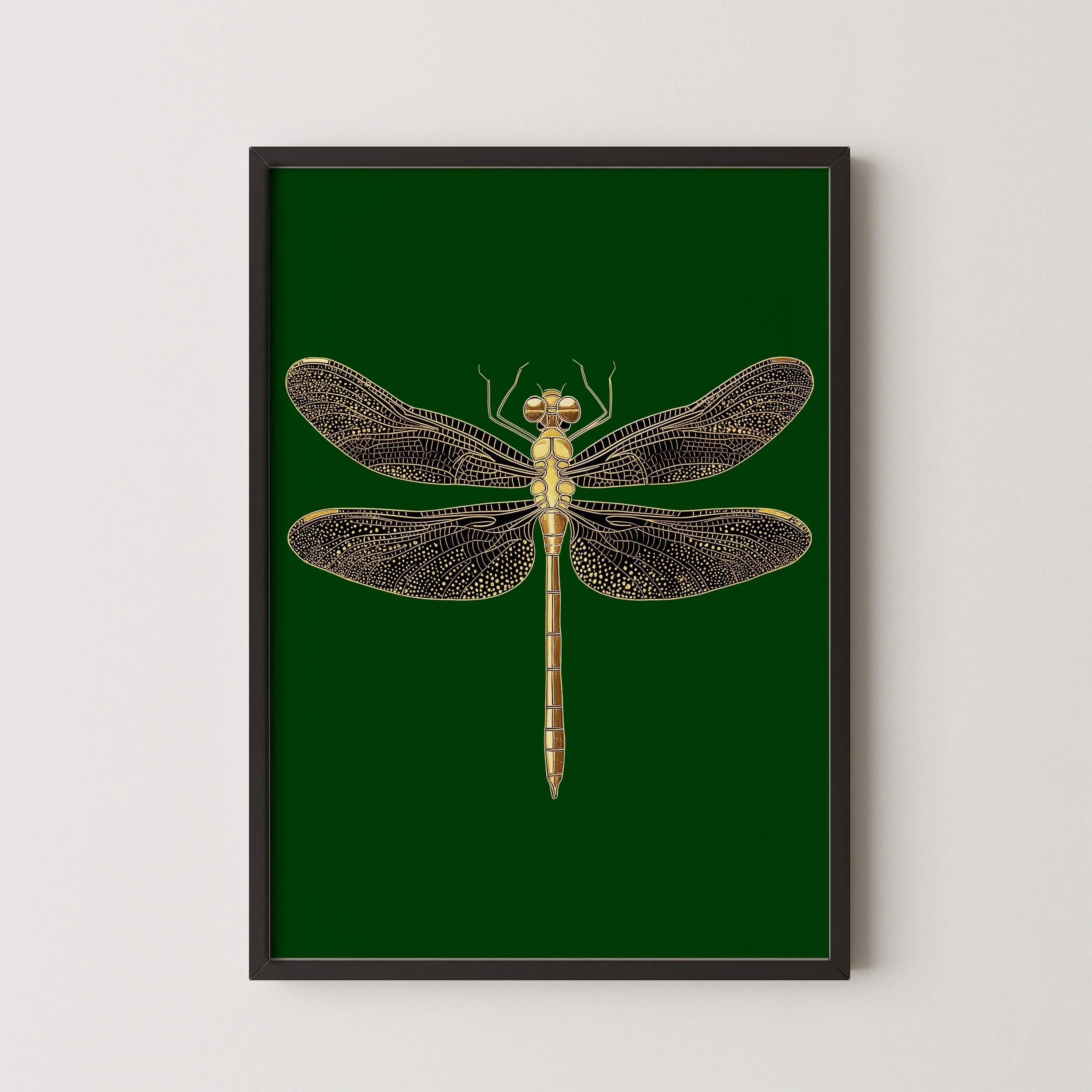 Gold Dragonfly Art Print: Emerald Green Dark Academia Style