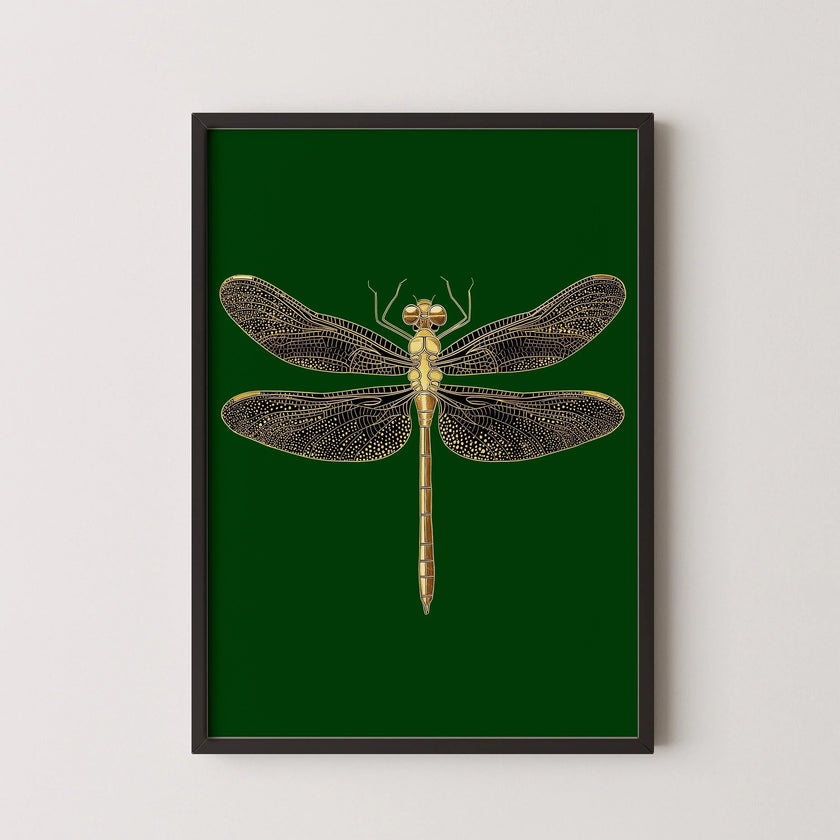 Gold Dragonfly Art Print: Emerald Green Dark Academia Style