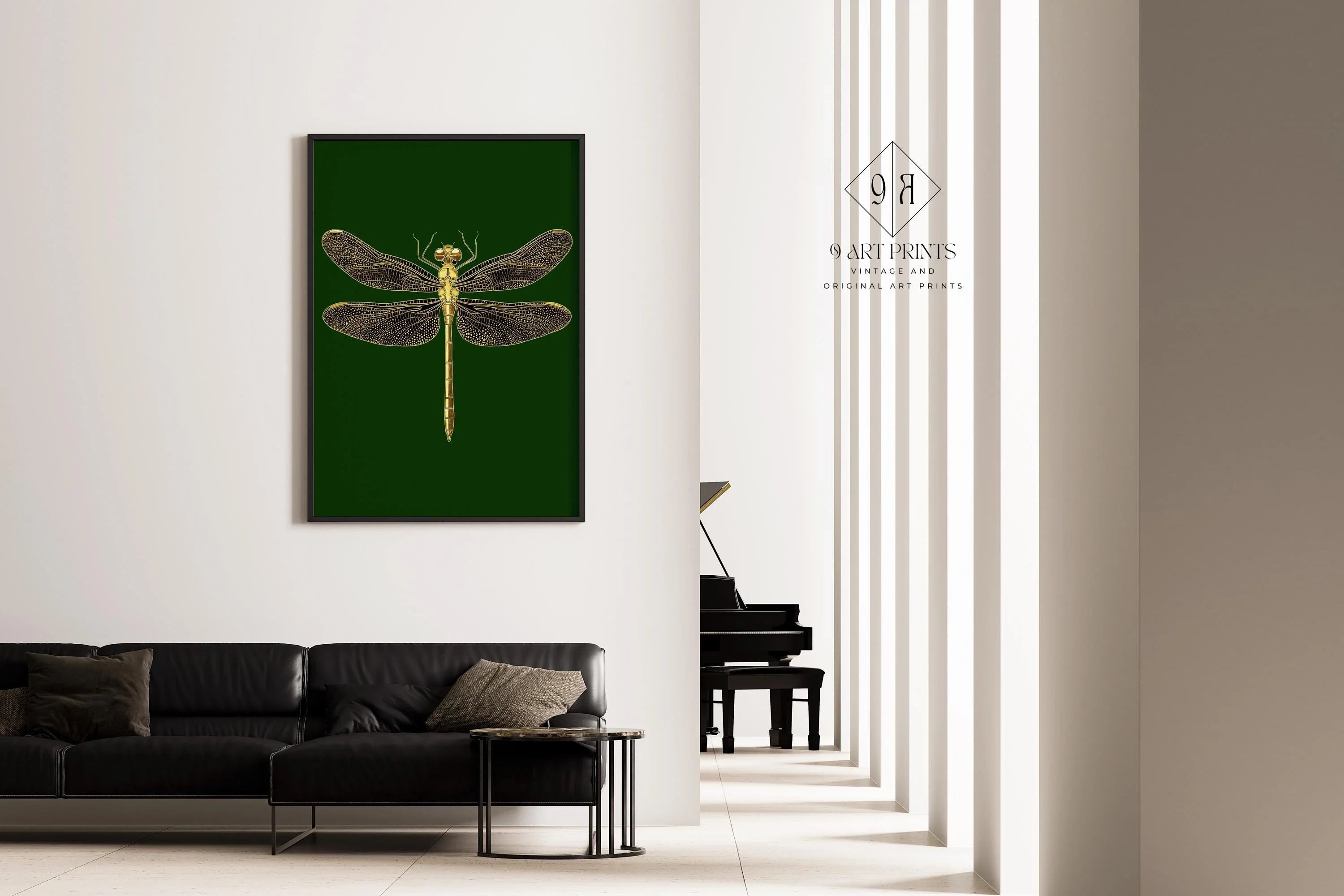 Gold Dragonfly Art Print: Emerald Green Dark Academia Style
