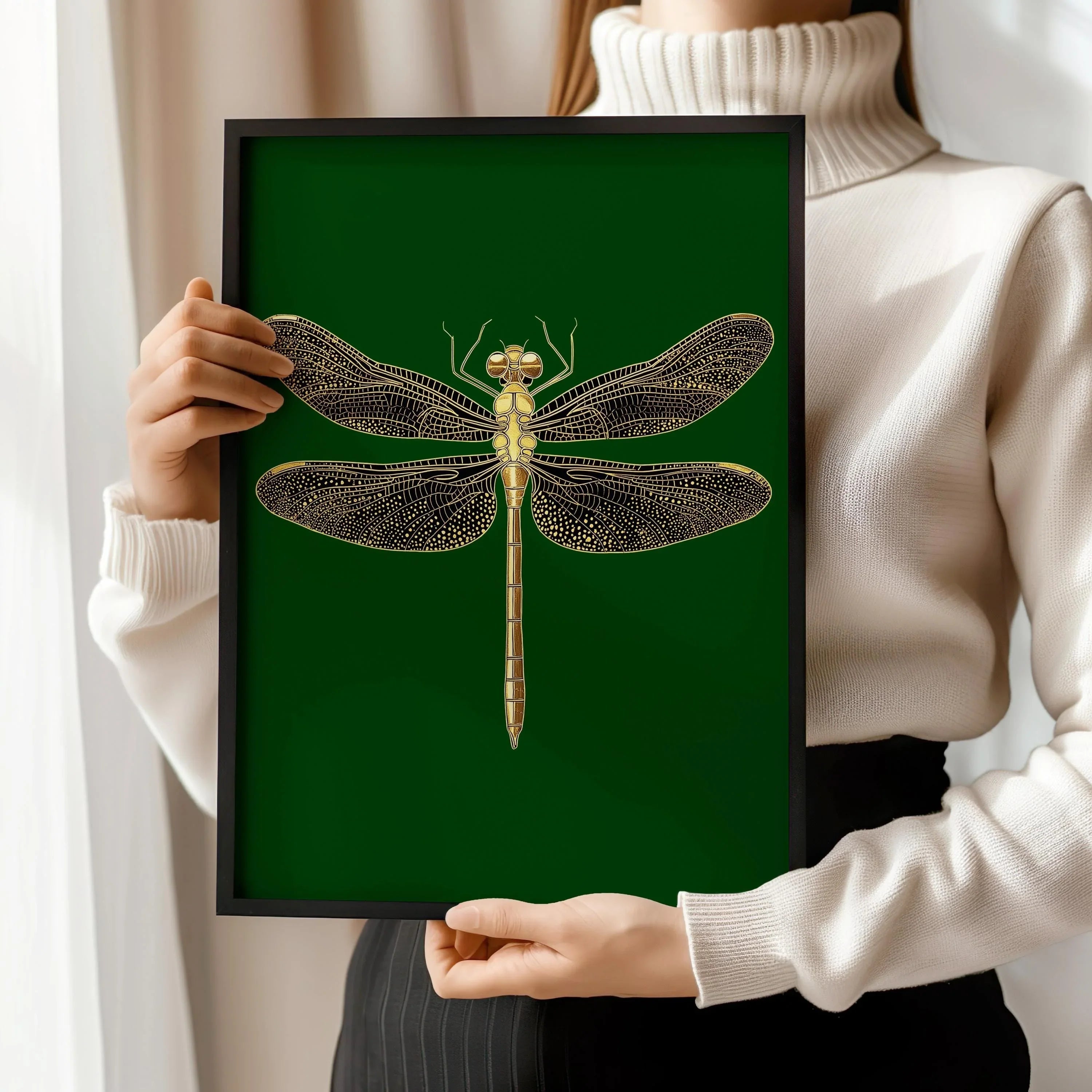 Gold Dragonfly Art Print: Emerald Green Dark Academia Style