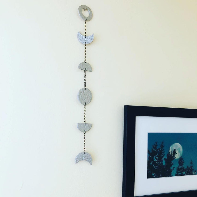 Gold Moon Phase Wall Hanging, Hammered Textured Clay Lunar Décor
