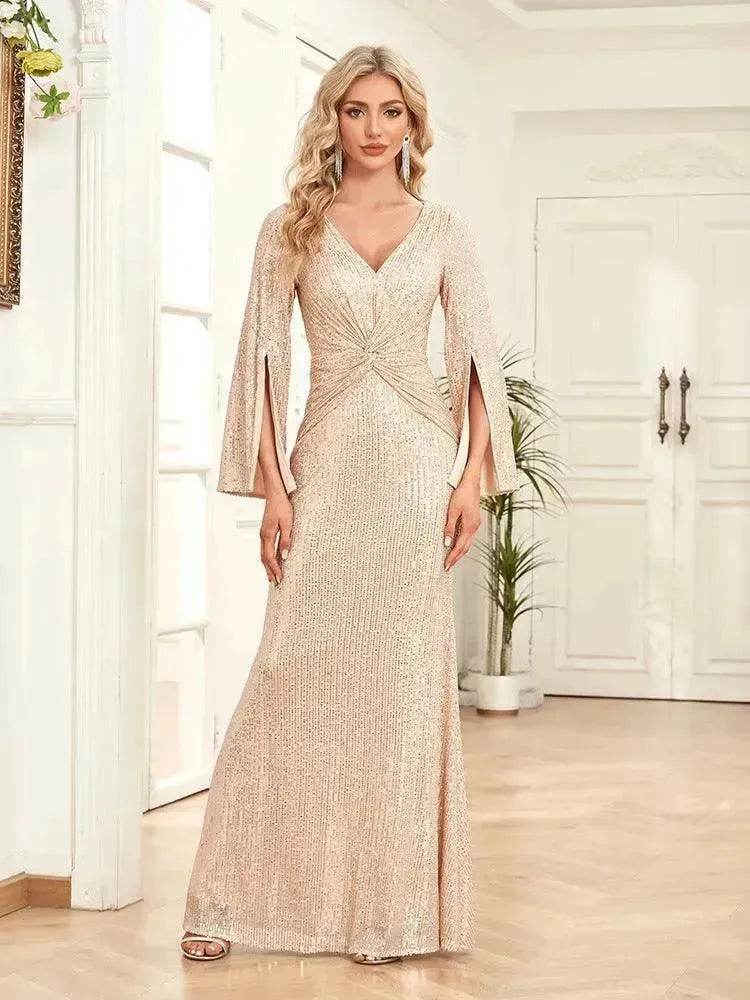 Gold Sequin Slim Fishtail Bridesmaid Banquet Party Wedding Evening Dress