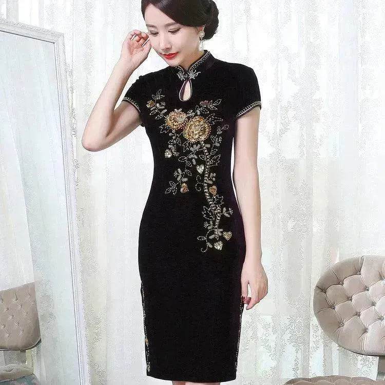 Golden Velvet Retro Modified Beaded Medium-length Cheongsam