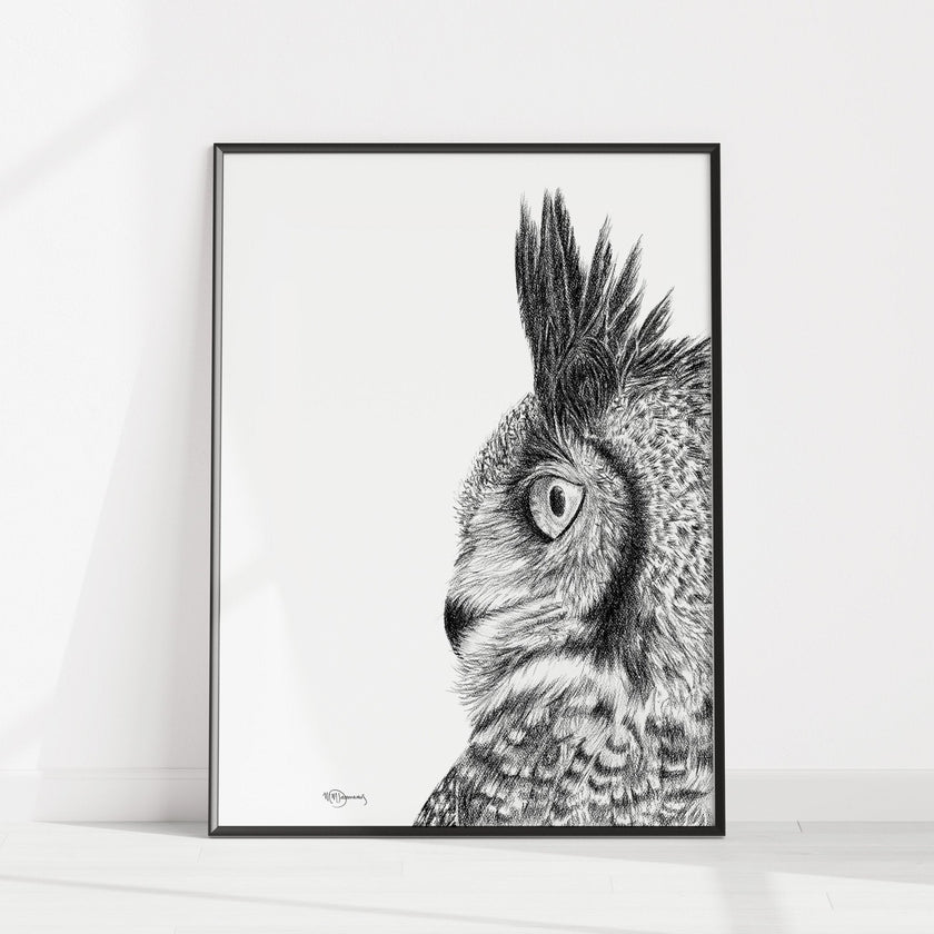 Great Horned Owl - Black and White Wildlife Art Print