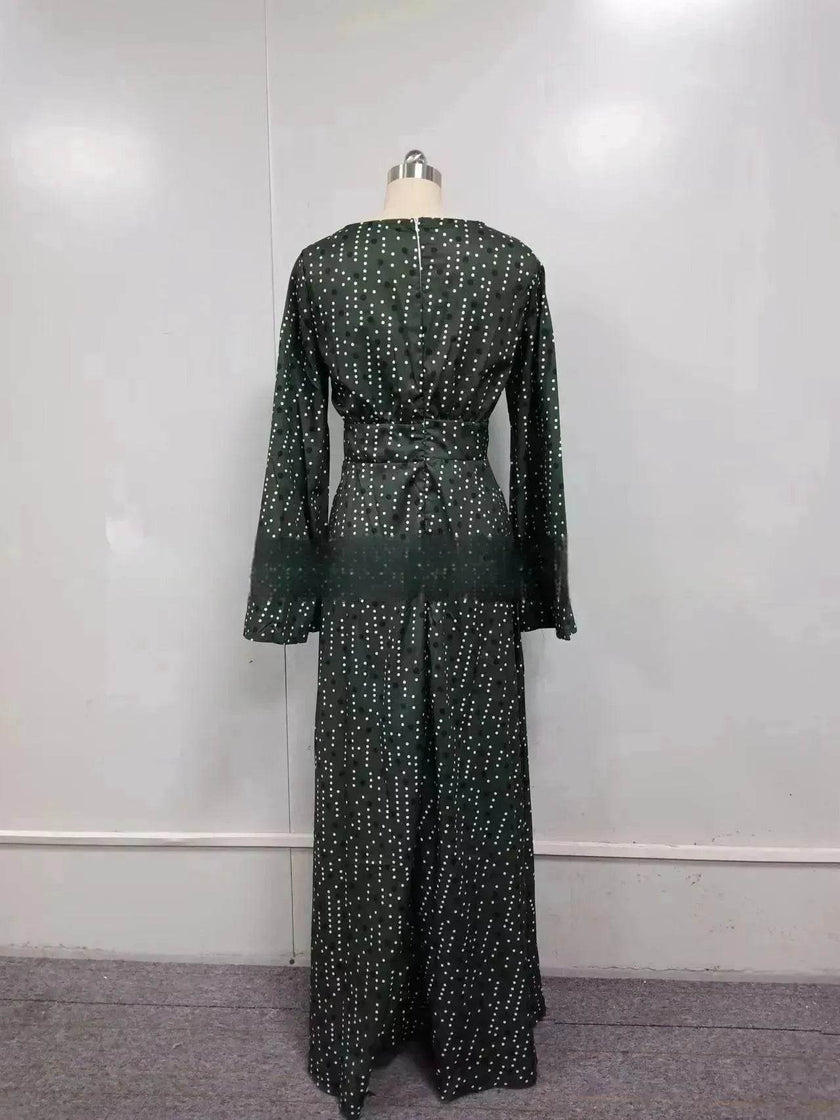 Green Gradient Spot Print Fashion Temperament Deep V Swing Dress