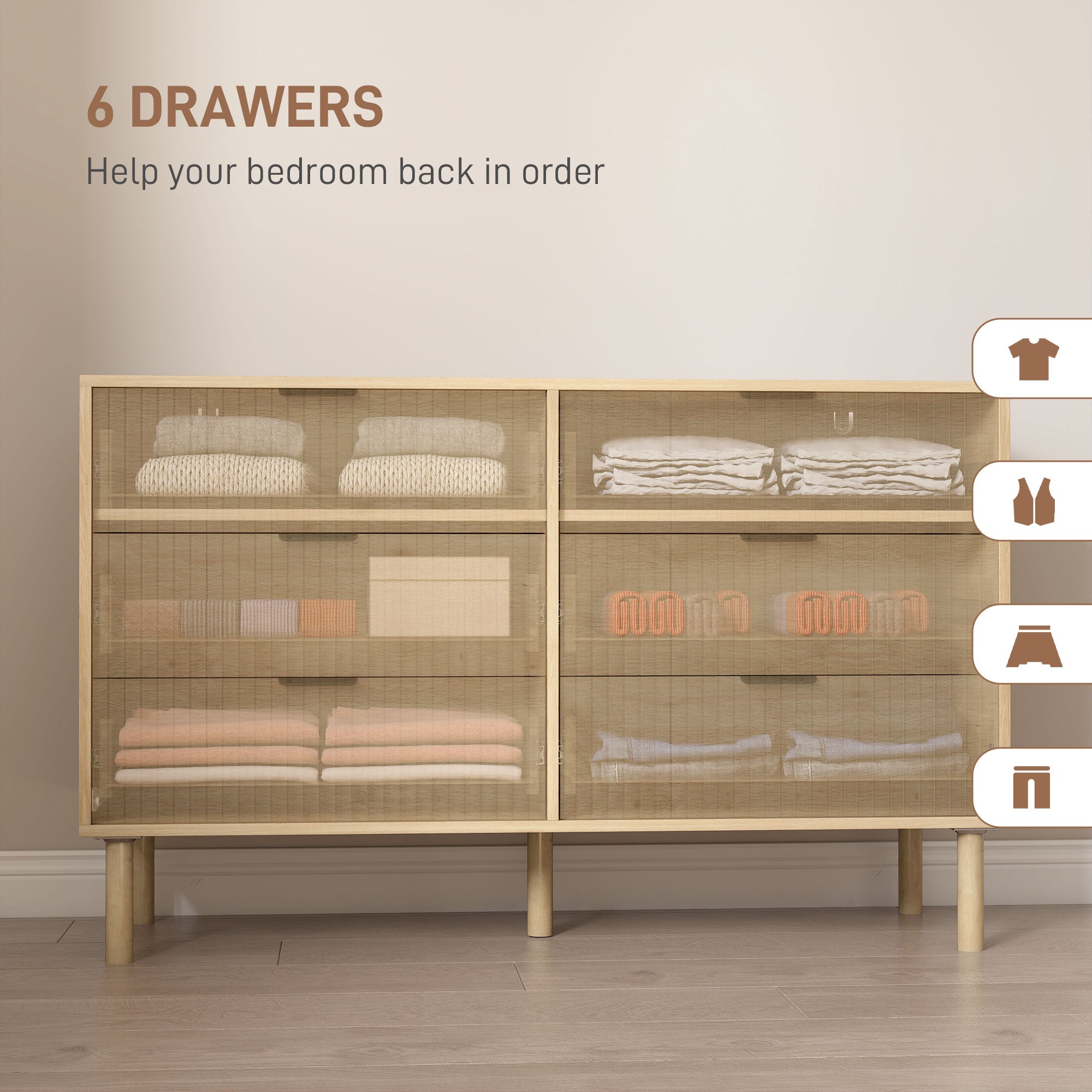 Jesse 6 Drawer Dresser with Fluted Panels-Oak