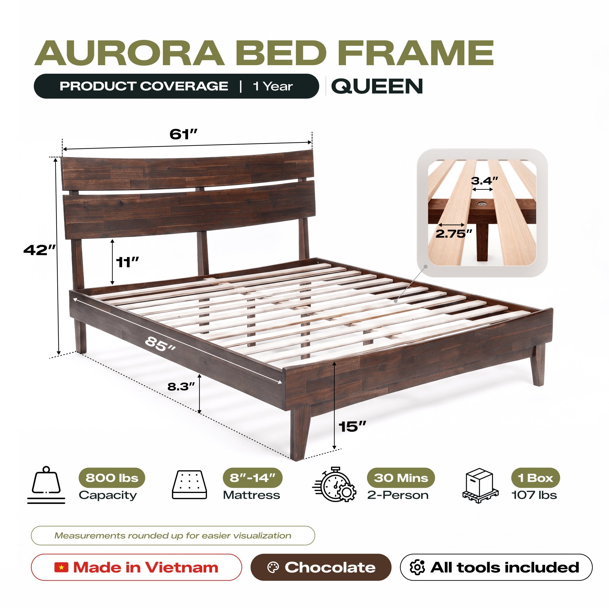 Aurora Solid Wood Bed Frame