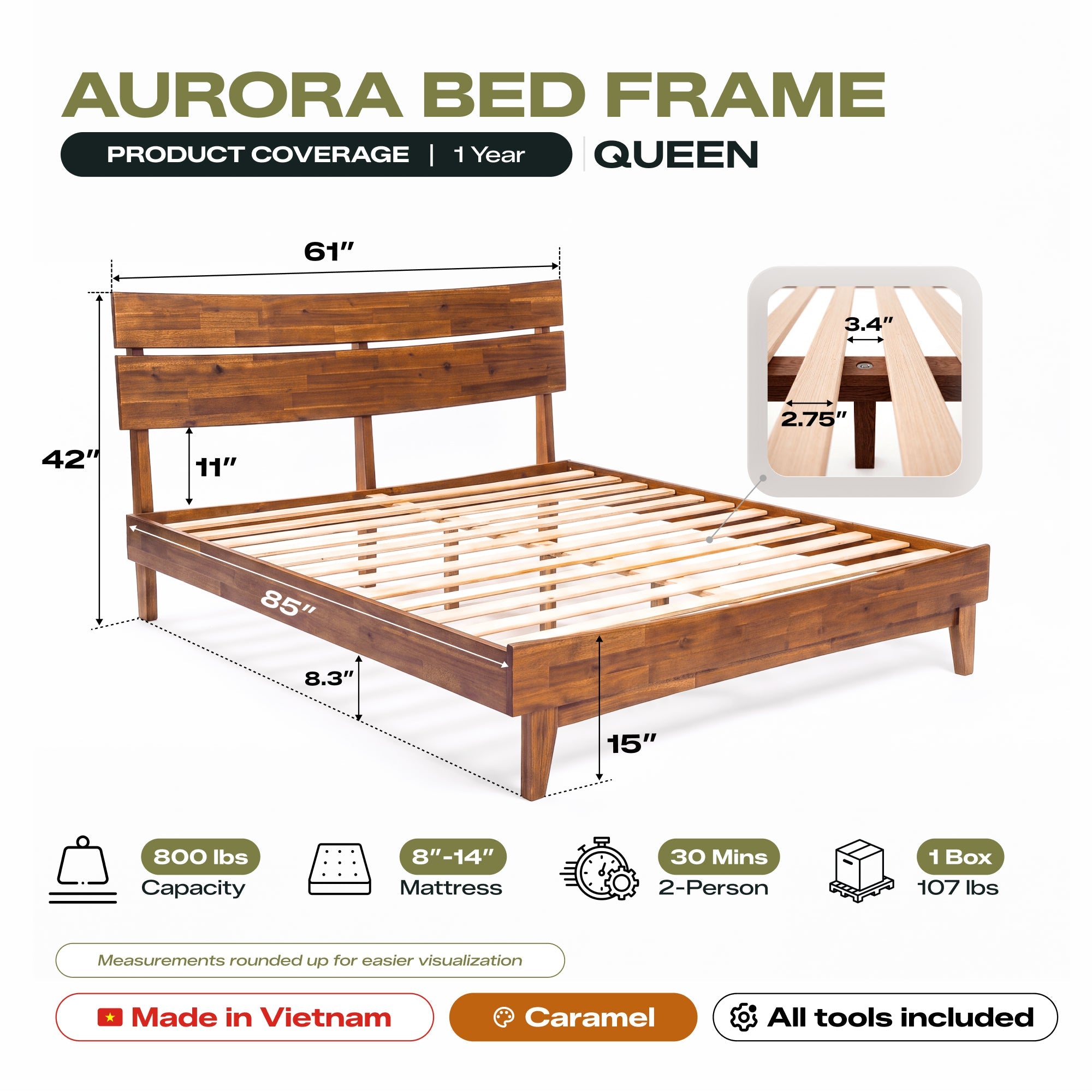 Aurora Solid Wood Bed Frame