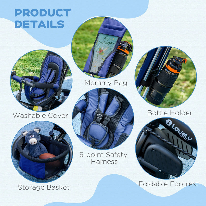 Qaba 6-in-1 Convertible Tricycle for Toddlers 1-5 Years - Parent-Push Handle, Dark Blue, Perfect Outdoor Ride