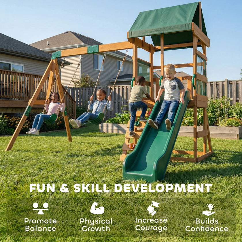 Qaba Wooden Swing Set with Slide, 2 Swings & Rock Wall (Kids Outdoor Playset)