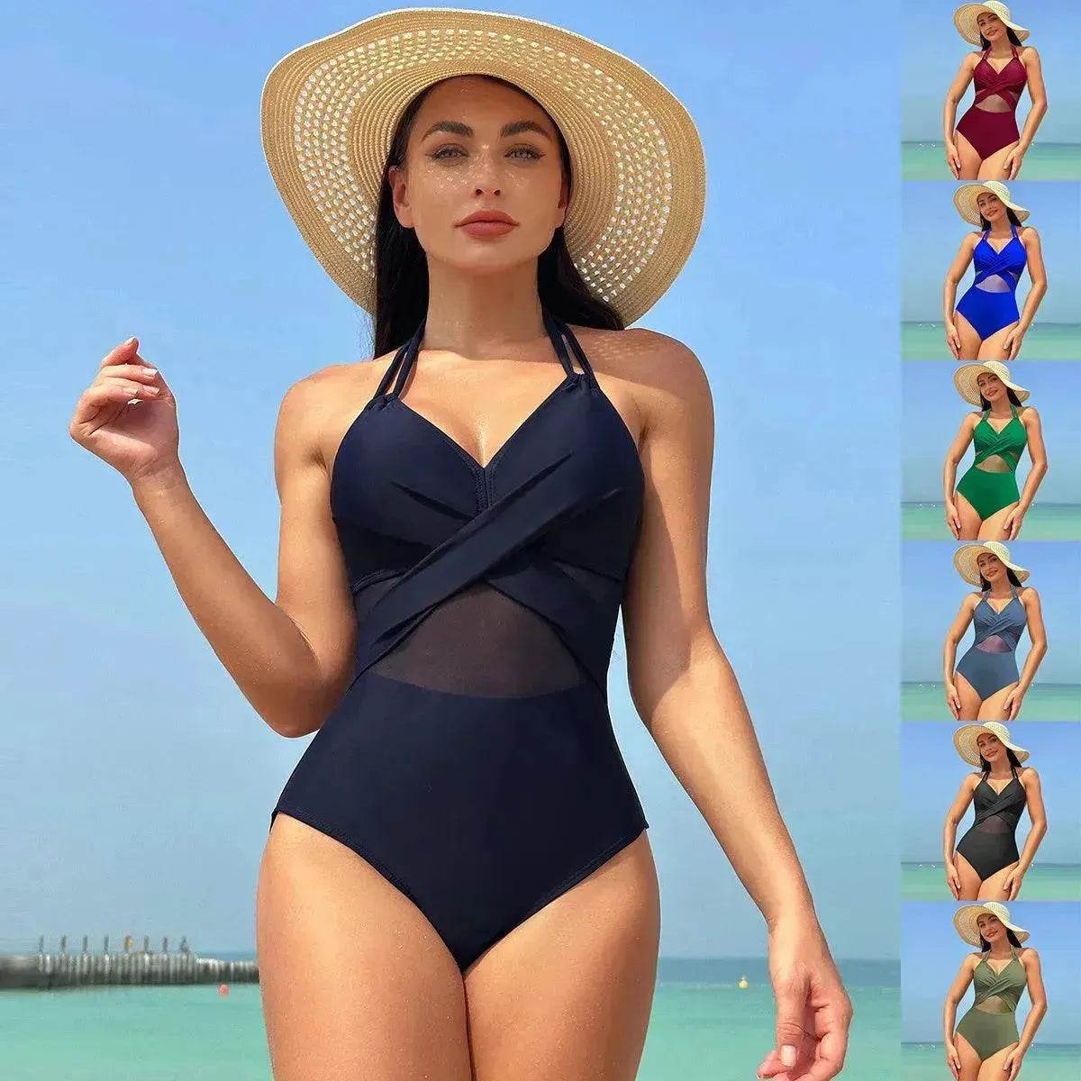 Halter neck One piece Swimsuit Summer Bikini Beach Solid Color Cross-strap Design Mesh